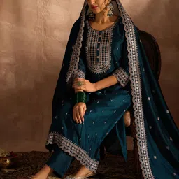 indo era Women Silk Blend Kurta Pant Dupatta Set-picture-13