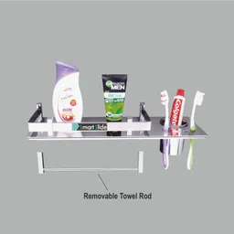 smart slide Stainless Steel 3 in 1 Multipurpose Bathroom Shelf/Rack/Towel Hanger/Tumbler Holder/Towel Rod/Bathroom Accessories (15 x 5 Inches) Stainless Steel Wall Shelf image 3