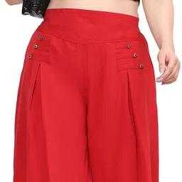 Women Regular Fit Red Crepe Trousers-image-4