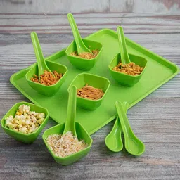 swift international 6 Piece Reusable Square Bowl Spoon and Tray Set, Perfect Serving Dish for Dips, Ice Cream| Snacks| and Candy Durable Hard Plastic| Includes 1 Tray 6 Bowls and 6 Spoons (Green) Tray, Bowl, Spoon Serving Set image 2