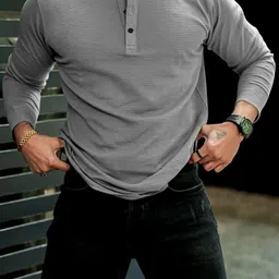 rufica Men Self Design Mandarin Collar Cotton Blend Grey T-Shirt-picture-26