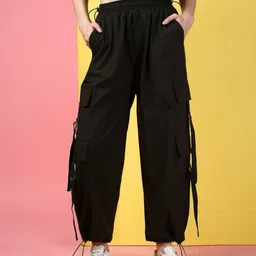 blook shop Women Loose Fit Black Polyester Trousers-picture-14