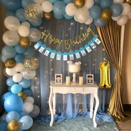 Blue Net Curtain Birthday Decoration kit Set items Combo, 1st Birthday with Led-image-0