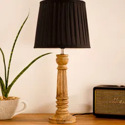 green girgit Wooden Pillar Brown Lamp with Pleeted Solid Black Shade image 2