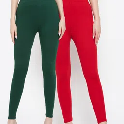 Clora Creation Women Pack of 2 Red & Green Solid Leggings image 1