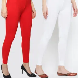 KEX Women Pack Of 2 Red & White Solid Ankle-Length Leggings-picture-45