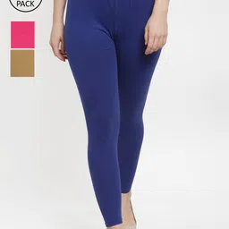 Jinfo Women Pack Of 3 Blue & Pink Solid Ankle Length Leggings-image-11