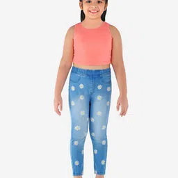 Naughty Ninos Girls Blue Heavy Fade Embroidered Stretchable Jeans image 5