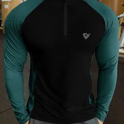 Men Colorblock High Neck Cotton Blend Green, Black T-Shirt-image-77