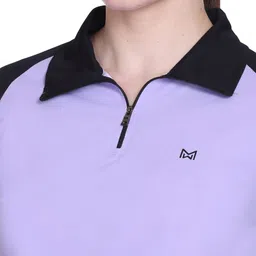 white moon Women Solid Zip Neck Polyester Purple T-Shirt image 3