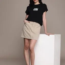 roadster Women Printed Round Neck Cotton Blend Black T-Shirt image 4