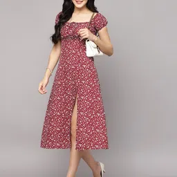 aayu Women A-line Maroon, White Midi/Calf Length Dress image 4