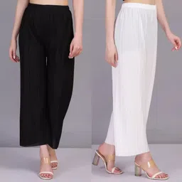 irha Pack of 2 Women Regular Fit Black, White Viscose Rayon Trousers-picture-16