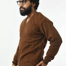 manra Men Self Design V Neck Brown Sweater image 3