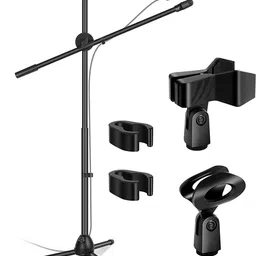 amg music Adjustable Tripod Boom Mic Stand with 2 Mic Holders for Studio Stage Recording Microphone Stand image 2
