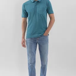 peter england Men Solid Polo Neck Cotton Blend Green T-Shirt image 2