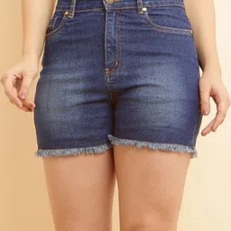 Solid Women Blue Denim Shorts-image-45