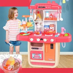 Kids Play Kitchen Realistic Lights, Sounds, Spray and Running Water Sink Toys-image-23