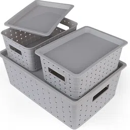 sukhson india Polypropylene 3 Basket With Lid Ideal Uses: Living Room, Bedroom, Bathroom, Office, Kids' Room Storage Basket-picture-30