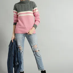 roadster Women Woven High Neck Pink Sweater-picture-11