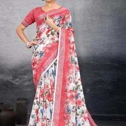 houseofcommon Floral Print Bollywood Cotton Linen Saree-picture-12