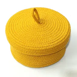ambaenterprises Cotton Yellow Round Cotton Rope Basket with Lid | Stylish Storage Organizer Storage Basket-picture-12