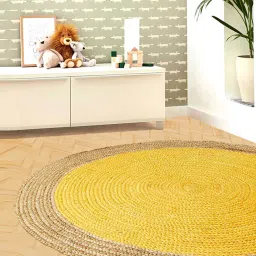 Yellow Geometric Jute 5 ft x 5 ft Hand Woven Carpet by HabereIndia image 1