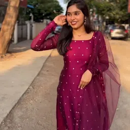 om fab Women Embroidered Georgette A-line Kurta With Attached Dupatta image 1