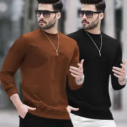 blive Pack of 2 Men Solid Round Neck Cotton Blend Brown, Black T-Shirt image 1
