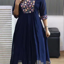 wild woven Women Embroidered Georgette Flared Kurta image 1