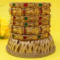 NAGNESHI ART Set Of 6 Gold Plated Lakshmi Ruby Stones Studded Temple Bangles-picture-50