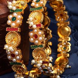 KARATCART Set Of 2 Gold-Plated & Gold-Toned White Pearl Beads-Studded Bangles-picture-32