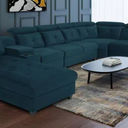 woodsworth from pepperfry Impero U Shape Velvet Sofa in Teal Blue Colour in C Shape image 1
