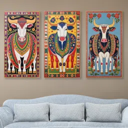 nestroots Indian Cow Wall Painting Set of 3 Gold Frame image 1