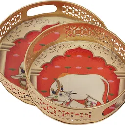 two moustaches Kamdhenu Cow & Calf in Darbar Design Serving Trays Set (8 Inches & 10 Inches) Tray Serving Set-picture-20