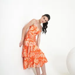 purvaja Women Layered Orange Midi/Calf Length Dress image 3