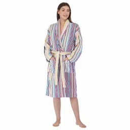Multicolor Striped 100% Cotton Women Bathrobe With Slippers (S) By Rangoli image 1