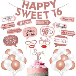 zyozi Sweet 16 Birthday Decorations with Photo Booth Backdrop and Pre-assembled Props – 16th Birthday Party Supplies, Rose Gold Sweet 16 Decorations,16 Happy Birthday Banner, Cake Topper, Balloons (PACK OF 43))-picture-21