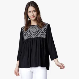 tokyo talkies Casual Regular Sleeves Embroidered Women Black Top-picture-14