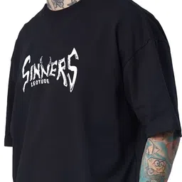 leotude Men Printed Round Neck Cotton Blend Black T-Shirt image 3