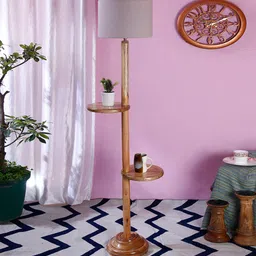 New Era Grey Cotton Drum Shade Wood Natural Table Floor Lamp by New Era image 2