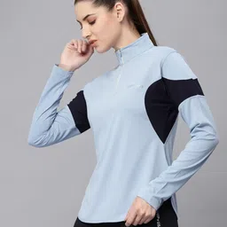 jump usa Women Solid High Neck Polyester Blue T-Shirt image 4