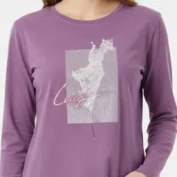 wineberry Women Printed Round Neck Cotton Blend Purple T-Shirt image 4