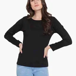 Women Solid Round Neck Cotton Blend Black T-Shirt-image-52