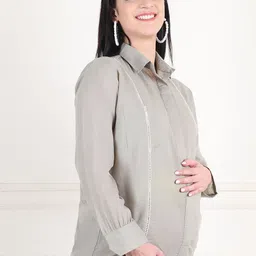 moms maternity Women Regular Fit Solid Curved Collar Casual Shirt image 4