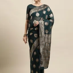 Saree mall Teal Gren & Gold-Toned Ethnic Motifs Silk Blend Banarasi Sarees-picture-27