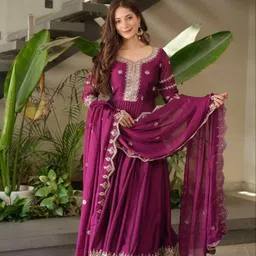 om creation Embroidered Georgette Stitched Anarkali Gown image 5