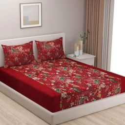 swayam Red Floral 200 TC Cotton Double King Size Bedsheet Gift Set-picture-3