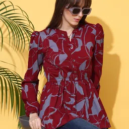 honky tonky Casual Bishop Sleeve Printed Women Maroon, Grey Top-picture-21