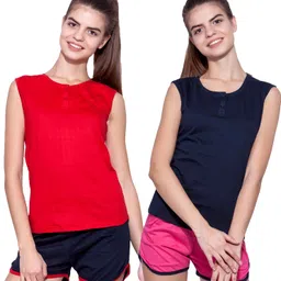 ap'pulse Pack of 2 Women Solid Henley Neck Pure Cotton Dark Blue, Red T-Shirt-picture-22